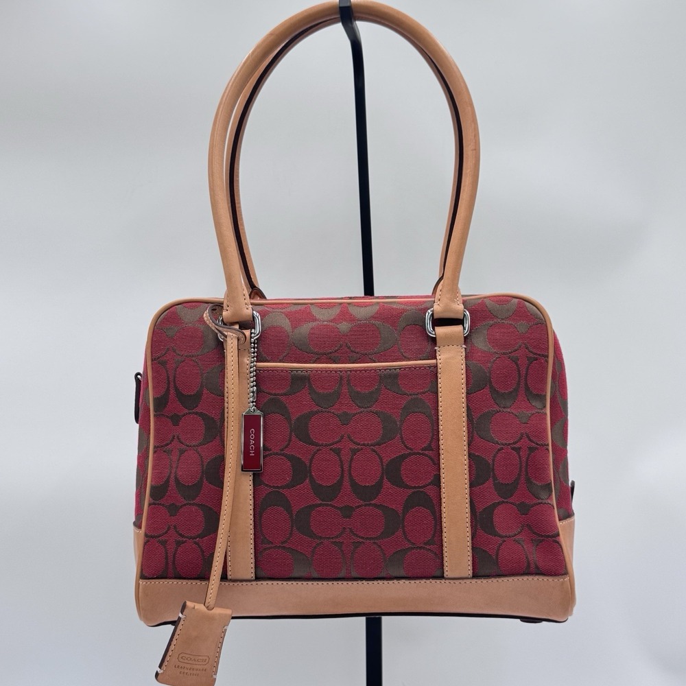 RARE Y2K Coach Signature Red Canvas Shoulder Handbag 6097 Leather Trim 2 Hangtag